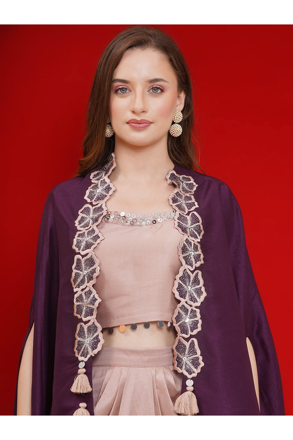 Purple and Rose Gold Skirt set with Cape