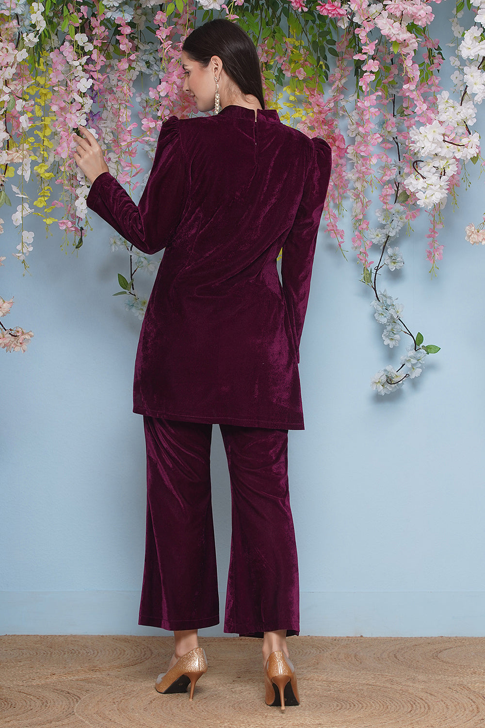 Wine Velvet Hand Embellished Coor Set