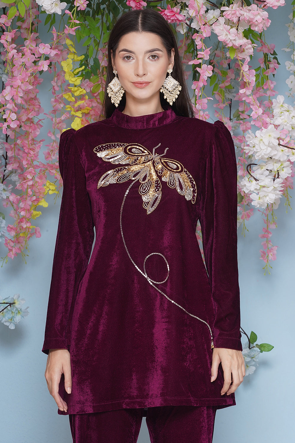 Wine Velvet Hand Embellished Coor Set