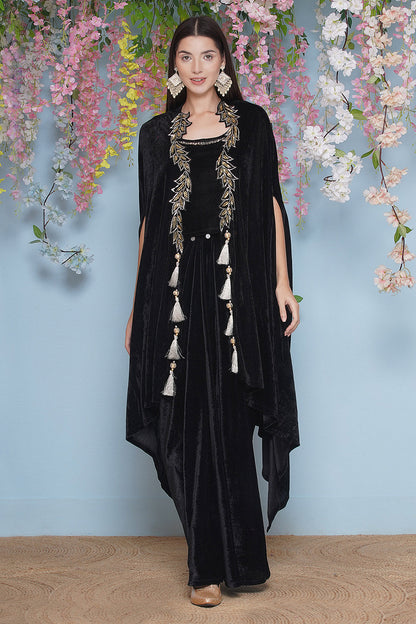 Black Hand Embellished Cape with Inner and Skirt