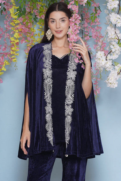 Navy Blue Velvet Cape Set