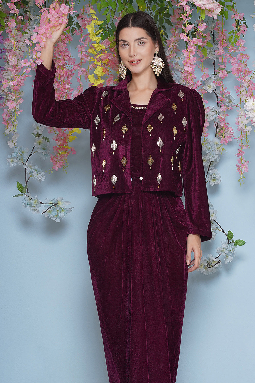Wine Hand Embellished Jacket with inner and skirt