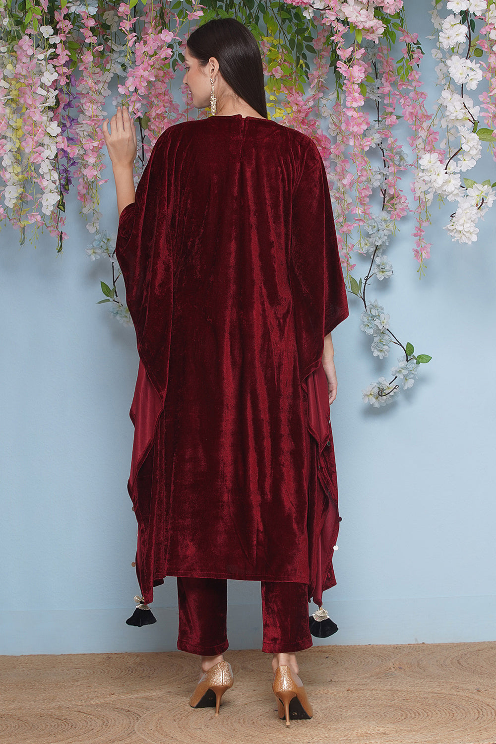 Maroon Velvet Hand Embellished Kaftaan Set
