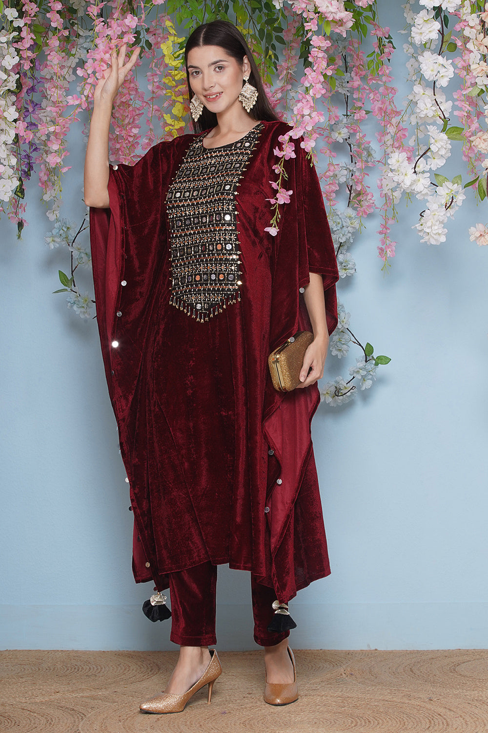 Maroon Velvet Hand Embellished Kaftaan Set