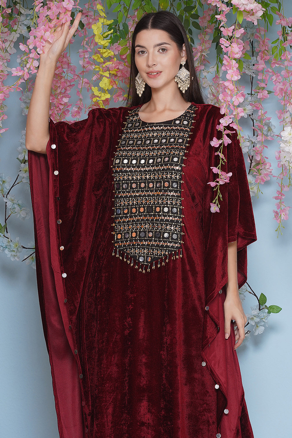 Maroon Velvet Hand Embellished Kaftaan Set